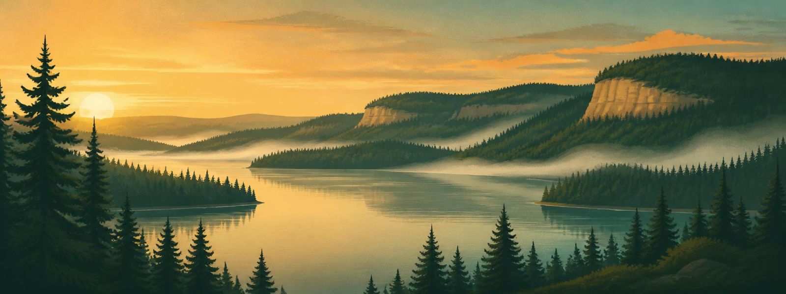 Wisconsin Northwoods pines and lake at golden hour